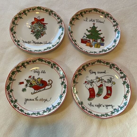 Certified International Christmas Saucers Plates 6 In Set 4 Mistletoe Berries - Picture 2 of 6